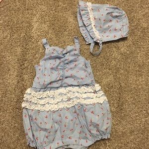Janie and jack romper with sun bonnet 6-12 months
